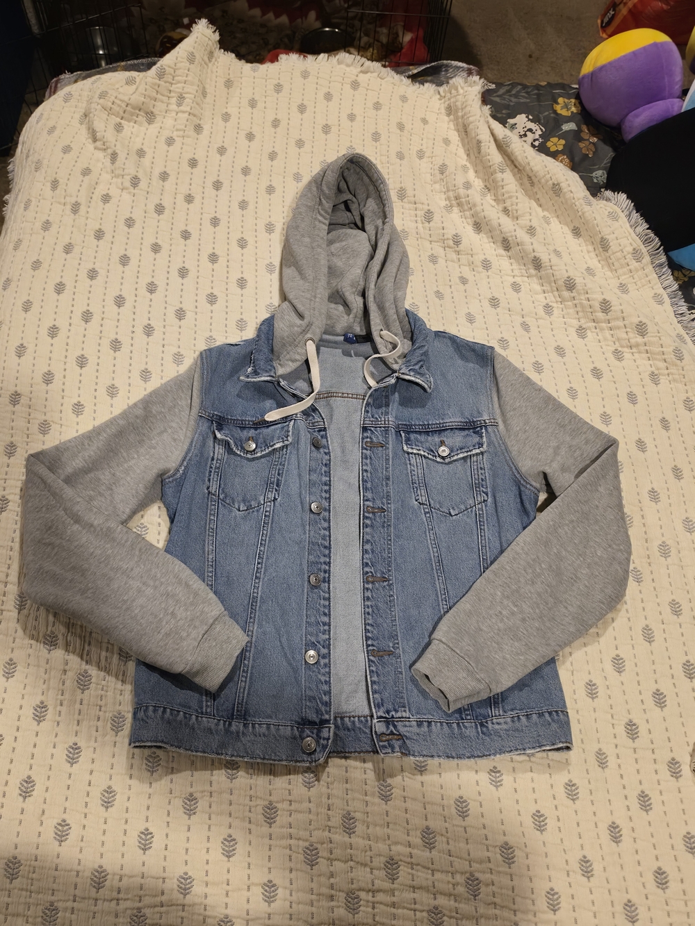 H&M Divided Hooded Denim Jacket — Jersey Sleeves & Hood — Size M